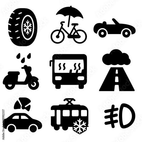 Seasonal Transportation Icons. Solid style icons of seasonal transportation: winter snow tires, bike with umbrella, summer