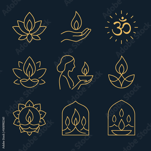 Diwali golden vector icon set, isolated with lotus, hands, and candles  