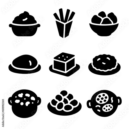 Tuber Dish Icons. Solid, filled icon set of tuber-based dishes: mashed potatoes, sweet potato fries, taro chips, baked yam,