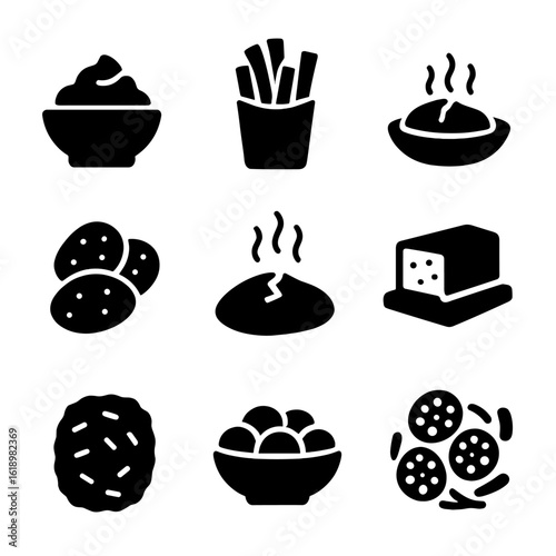Tuber Dish Icons. Solid, filled icon set of tuber-based dishes: mashed potatoes, sweet potato fries, taro chips, baked yam,
