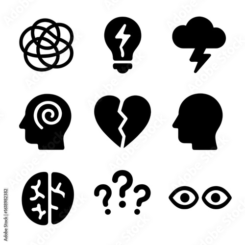 Troubled Mind Icons. Solid, filled icon set of troubled mind: tangled lines, broken light bulb, storm cloud, swirling thoughts,