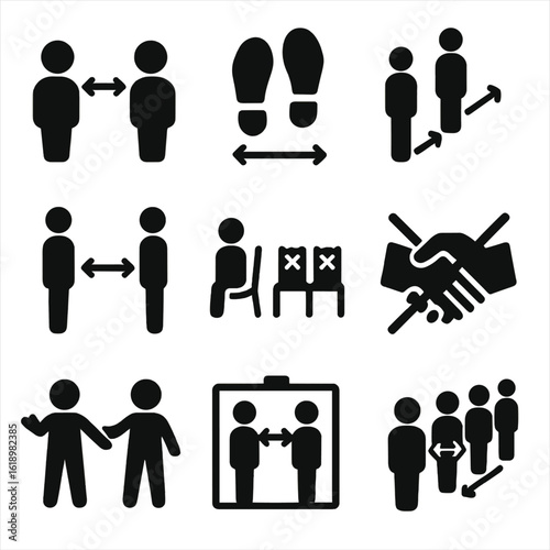 Social Distancing Icons. Solid style icons of social distancing actions: two people with distance arrow, floor marker feet,