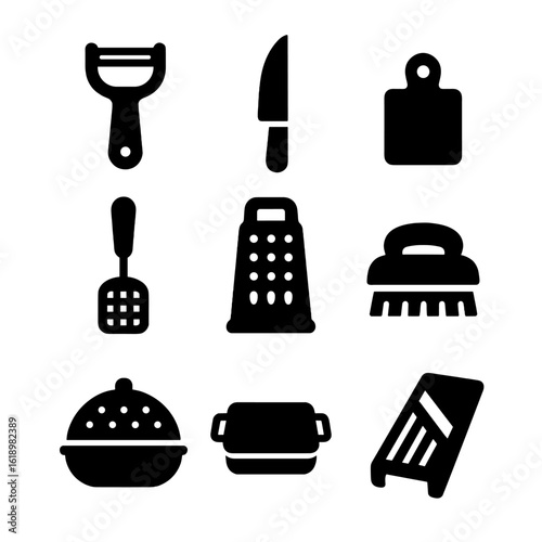 Tuber Tool Icons. Solid, filled icon set of tuber preparation tools: vegetable peeler, knife, cutting board, potato masher, grater