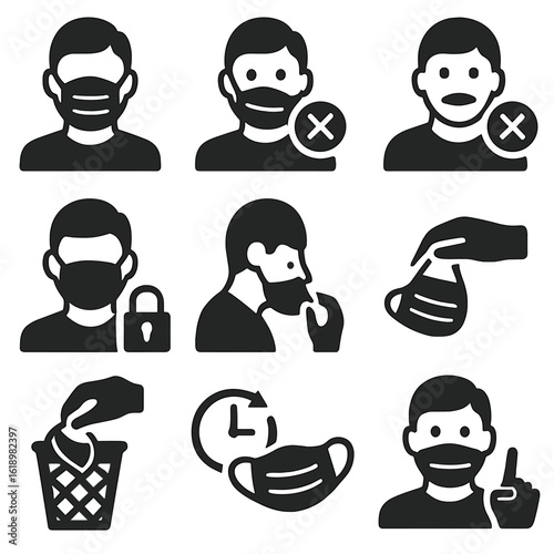 Mask Etiquette Icons. Solid style icons of mask etiquette: covering nose and mouth, improper mask position alert, mask under chin