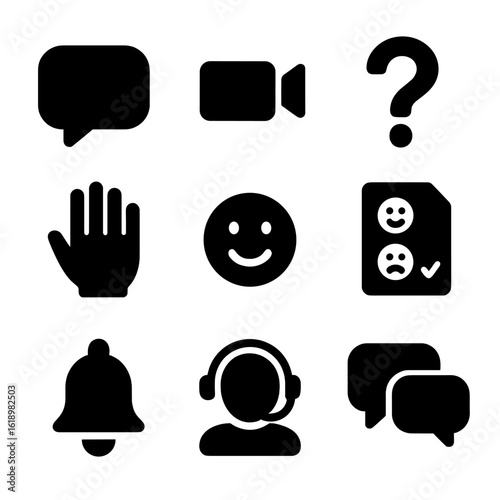 User Interaction Icons. Solid, filled icon set of user interactions: chat bubble, video call, question mark, raised hand, emoji