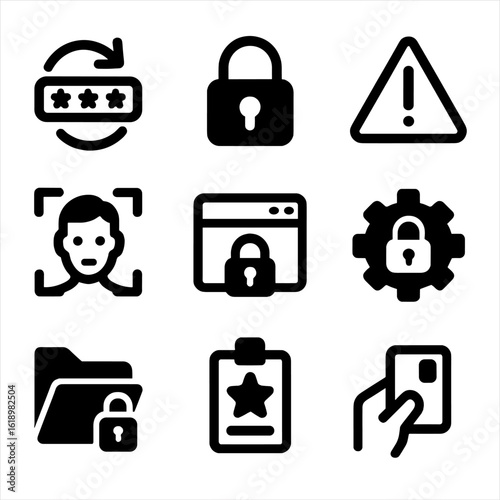 User Security Icons. Solid, filled icon set of user security actions: password reset, account lock, security alert, biometric scan