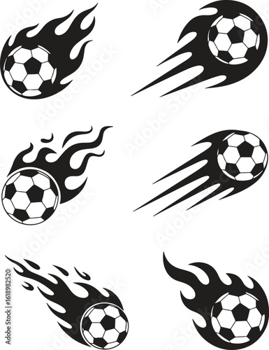 Flaming Soccer Ball Vector Set Football Fire Trail Clipart, Sport Energy, Black Clipart