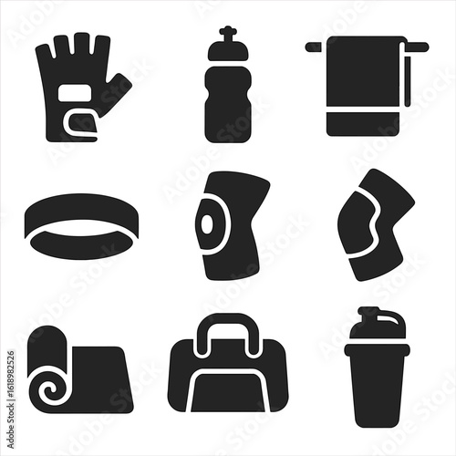 Fitness Gear Icons. Solid style icons of fitness accessories: gym gloves, water bottle, sweat towel, headband, knee support, elbow