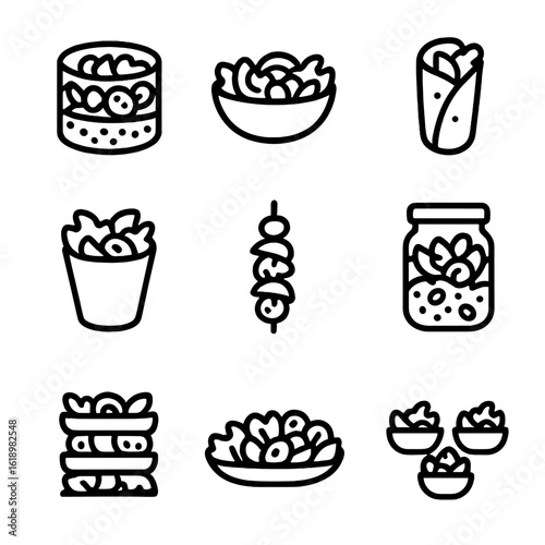 Variety of Salad Icons. Solid, filled icon set of salad presentation styles: layered salad, tossed salad, salad wrap, salad cup,
