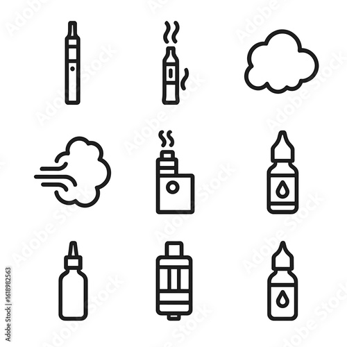 Vaping Icons Grid. Solid, filled icon set of vaping: vape pen, e-cigarette, smoke cloud, vape cloud, vaporizer, nicotine, e-juice,