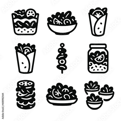 Variety of Salad Icons. Solid, filled icon set of salad presentation styles: layered salad, tossed salad, salad wrap, salad cup,