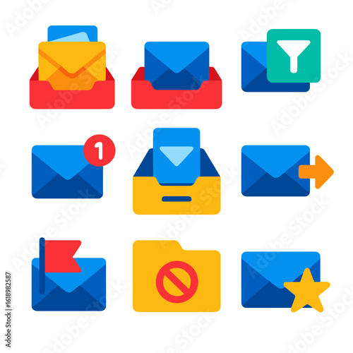 Inbox Icon Set. Flat vector icons of inbox management: full inbox icon, clean inbox, envelope filter. unread badge, archive mail
