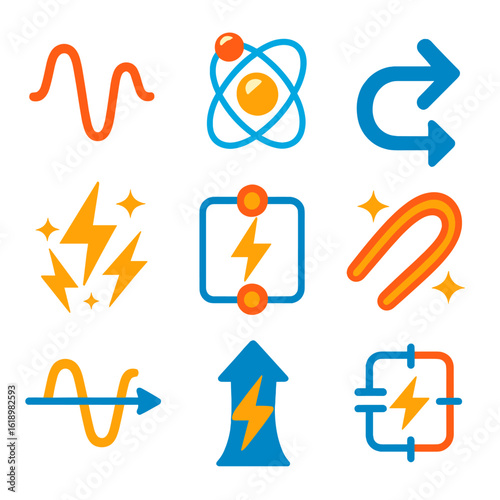Electric Energy Icons. Flat vector icons of electric energy flow: current wave, electron path, circuit arrow. flowing sparks,