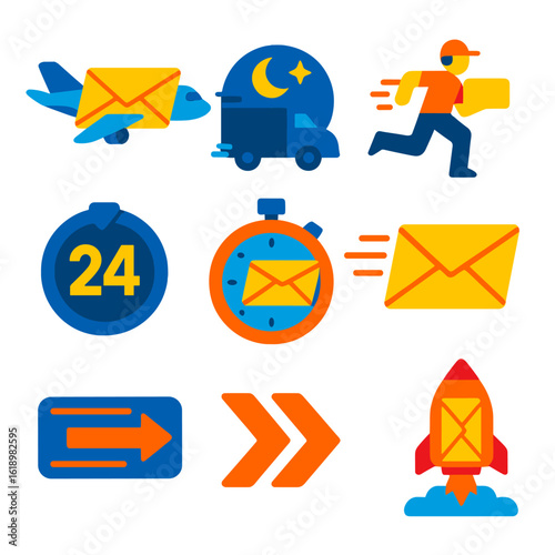 Express Delivery Icons. Flat vector icons of express services: airplane with envelope, overnight truck, fast courier icon. 24h