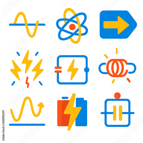 Electric Energy Icons. Flat vector icons of electric energy flow: current wave, electron path, circuit arrow. flowing sparks,