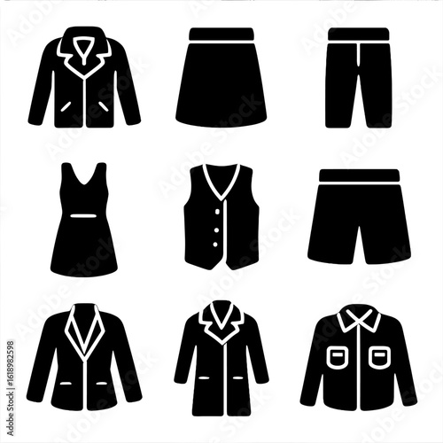 Vegan Leather Icons. Solid, filled icon set of vegan leather clothing items: jacket, skirt, pants, dress, vest, shorts, blazer,