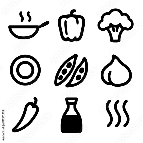Vegetable Stir-Fry Icons. Solid, filled icon set of vibrant vegetable stir-fry: wok pan, bell pepper, broccoli floret, carrot