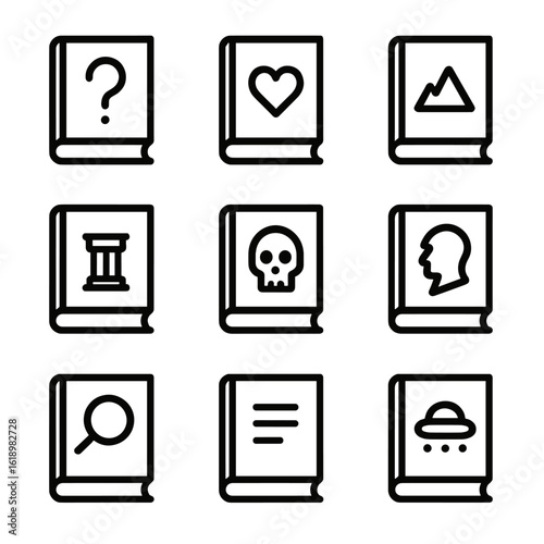 Vintage Paperback Icons. Solid, filled icon set of vintage paperback genres: mystery novel, romance book, adventure story, sci-fi