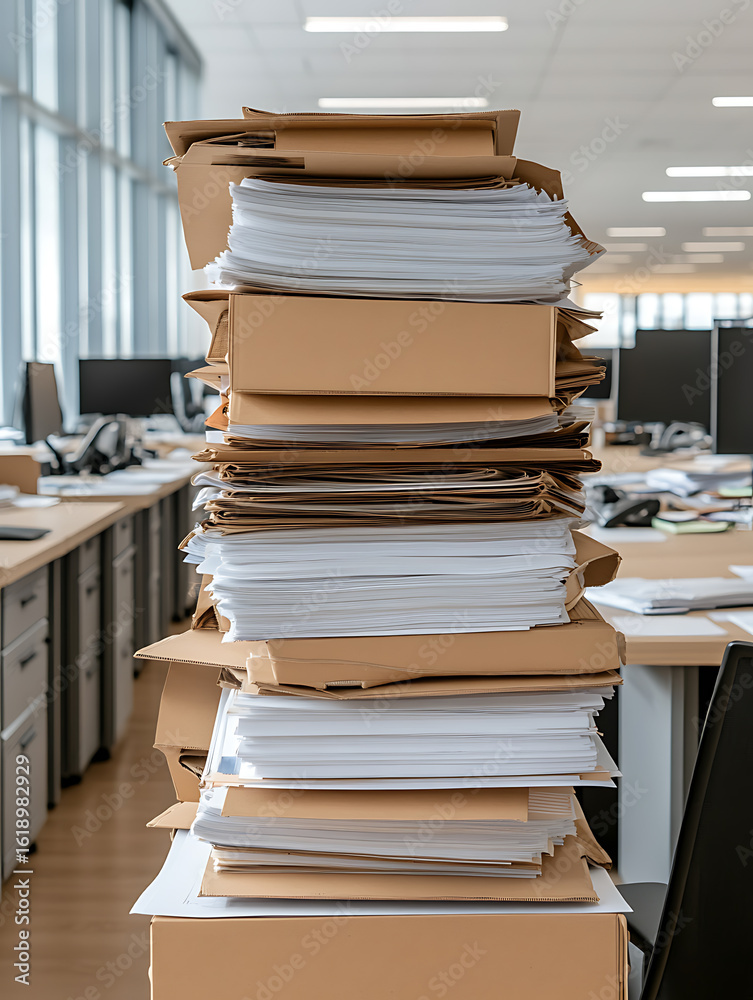 Overwhelming Paperwork: A tall stack of files and documents in an office setting signifies administrative burden and excessive documentation. Overwhelming Paperwork: A tall stack of files and documents in an office setting signifies administrative burden and excessive documentation.