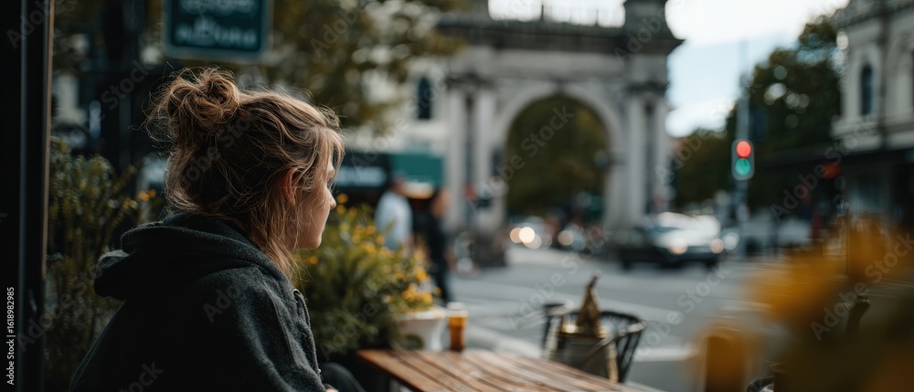 Obraz premium Thoughtful Caucasian woman sitting at outdoor cafe, contemplating life in urban setting with city arch background Concept of reflection, solitude, and urban lifestyle