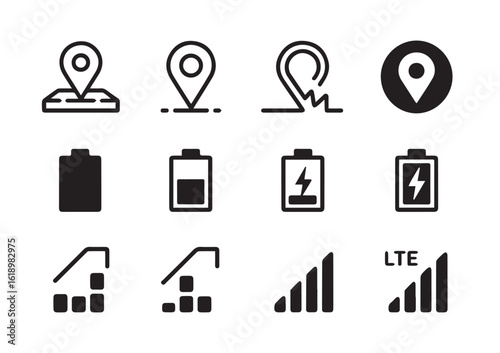 Collection of modern flat icons for navigation battery and signal strength