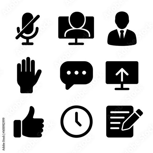 Virtual Meeting Icon Set. Solid, filled icon set of virtual meeting etiquette: mute button, video call, professional attire, hand