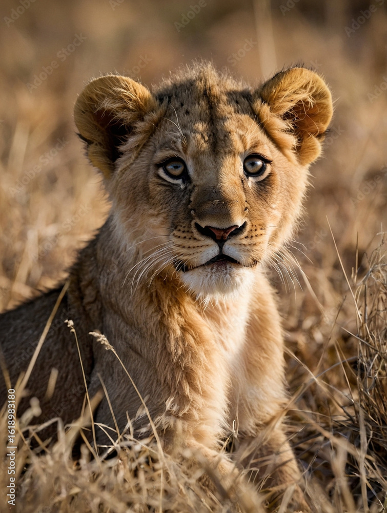 Fototapeta premium Baby Lion Sitting on the Savannah Grass at Sunset – Wildlife Portrait