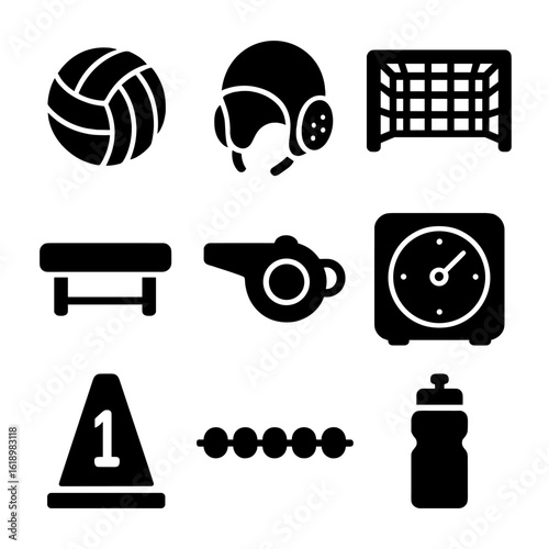 Water Polo Gear Icons. Solid, filled icon set of water polo training gear: water polo ball, swim cap with ear guards, goal net,