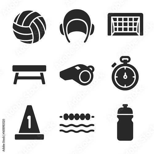 Water Polo Gear Icons. Solid, filled icon set of water polo training gear: water polo ball, swim cap with ear guards, goal net,