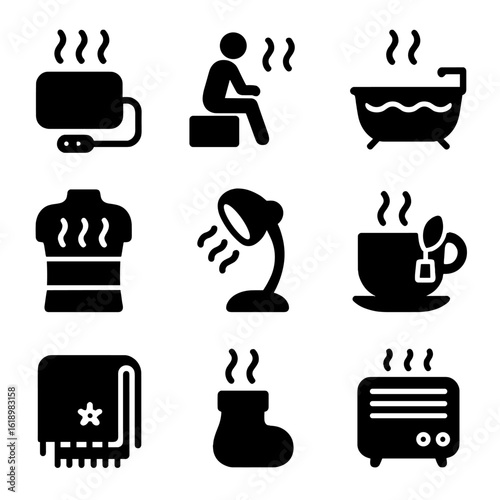Warm Therapy Icons. Solid, filled icon set of warm therapy options: heated pad, sauna steam, hot bath, warming wrap, infrared lamp