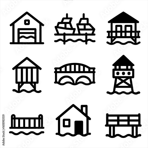 Waterfront Architecture Icons. Solid, filled icon set of waterfront architecture: boathouse, marina, boardwalk, waterfront