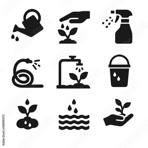 Watering Actions Icons. Solid, filled icon set of watering actions: watering can pouring, hand watering, spray mist, hose spraying