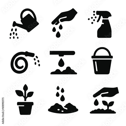 Watering Actions Icons. Solid, filled icon set of watering actions: watering can pouring, hand watering, spray mist, hose spraying