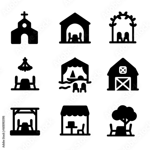 Wedding Venue Icons. Solid, filled icon set of Wedding Venue: church, hall, garden, ballroom, beach, barn, rooftop, restaurant,