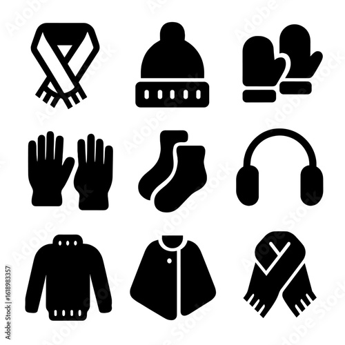 Winter Wear Icons. Solid, filled icon set of winter woolen outerwear: wool scarf, knit hat, mittens, wool gloves, wool socks,