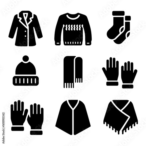 Wool Apparel Icons Set. Solid, filled icon set of cozy wool apparel: wool coat, knit sweater, woolen socks, woolen hat, wool scarf