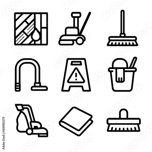 Wood Flooring Icons. Solid, filled icon set of light wood flooring maintenance: floor waxing, polishing machine, dust mop, vacuum