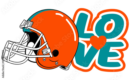 Love written in Aqua, orange, white and blue color with a heart at the center and a football helmet next to the text. Bold vector design in street art style, perfect for sporty, dynamic illustrations.