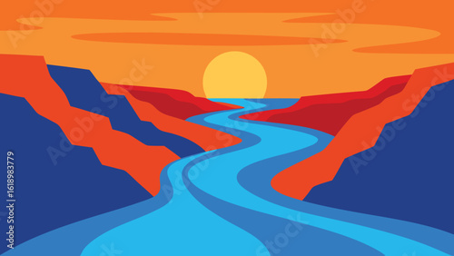 Serene River Valley at Sunset A Colorful Landscape Painting in Graphic Vector Style