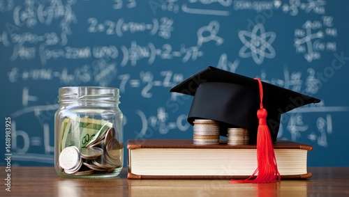 Wallpaper Mural Graduation Savings: Jar of Money, Textbook, and Mortarboard on Wooden Table Torontodigital.ca