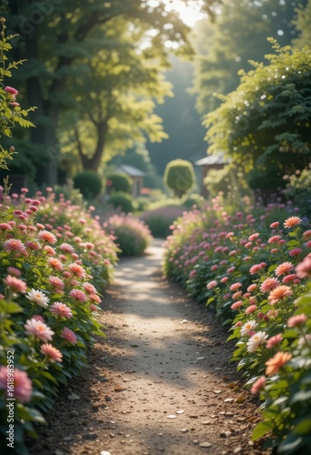 Serene floral garden with winding path and macro flower details in soft natural light Generative AI