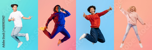 Bild auf Leinwand A diverse group of individuals is pictured in a high-energy composition, showcasing various fun poses and expressions
