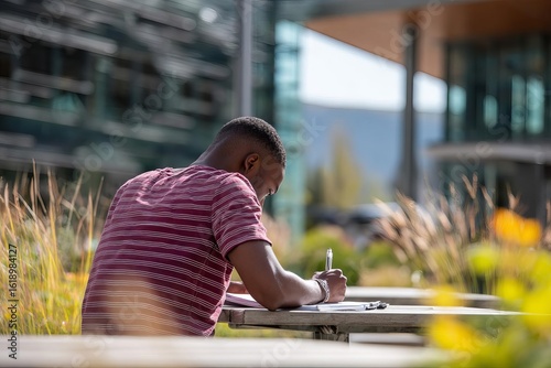 A focused young man enjoys writing outdoors surrounded by vibrant greenery and sunlight creating a serene atmosphere for creativity
