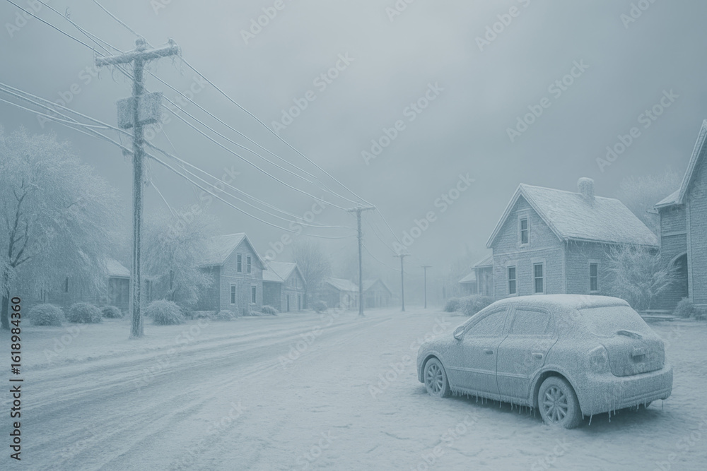 Fototapeta premium Winter scene featuring a snow-covered street with a parked car and houses, creating a tranquil and peaceful ambiance in the neighborhood