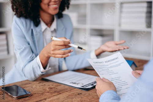 Home Purchase Contract Agreement Meeting with Real Estate Agent for Adult People Consulting and Signing Legal Paperwork for Buying House