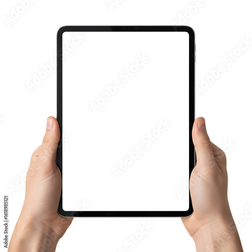 Man's hands holding a vertical tablet with a blank white screen for mockup. Isolated on transparent background, png
