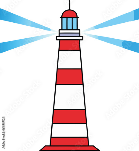 A vector illustration of a red and white industrial lighthouse and tower with a chimney on the coast