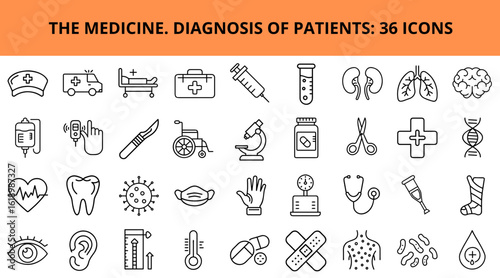 Medical icons representing patient diagnosis and healthcare concepts  