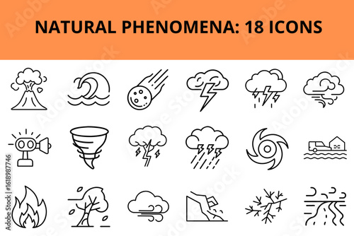 Natural phenomena icons set featuring 18 unique symbols  