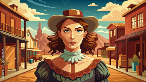 A portrait woman of the wild west wearing a dress in a western cowboy town stands proud near wooden buildings. Semi-realistic vector style captures flowing fabric, warm light, and bold spirit.